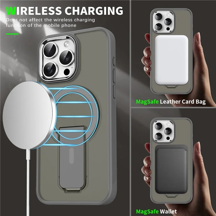 For iPhone 16 Pro Case Compatible with MagSafe PC + TPU Phone Cover with Kickstand - Titanium Grey