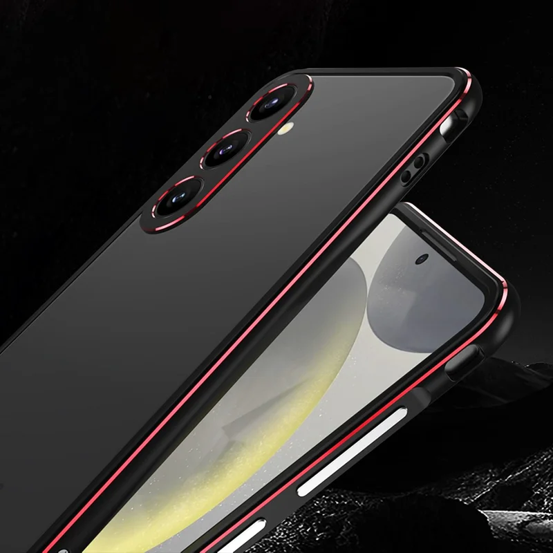 For Samsung Galaxy S25+ Bumper Case Metal Frame Phone Cover with Camera Lens Guard - Black / Red