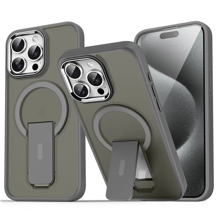For iPhone 15 Pro Case Compatible with MagSafe PC + TPU Phone Cover with Kickstand - Titanium Grey