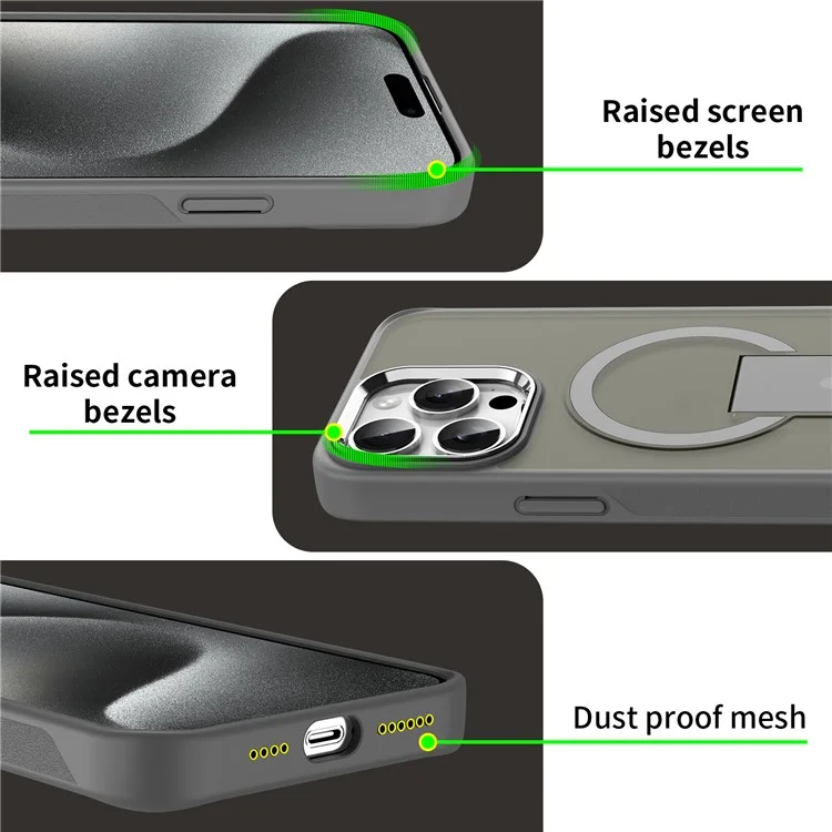 For iPhone 15 Pro Case Compatible with MagSafe PC + TPU Phone Cover with Kickstand - Titanium Grey