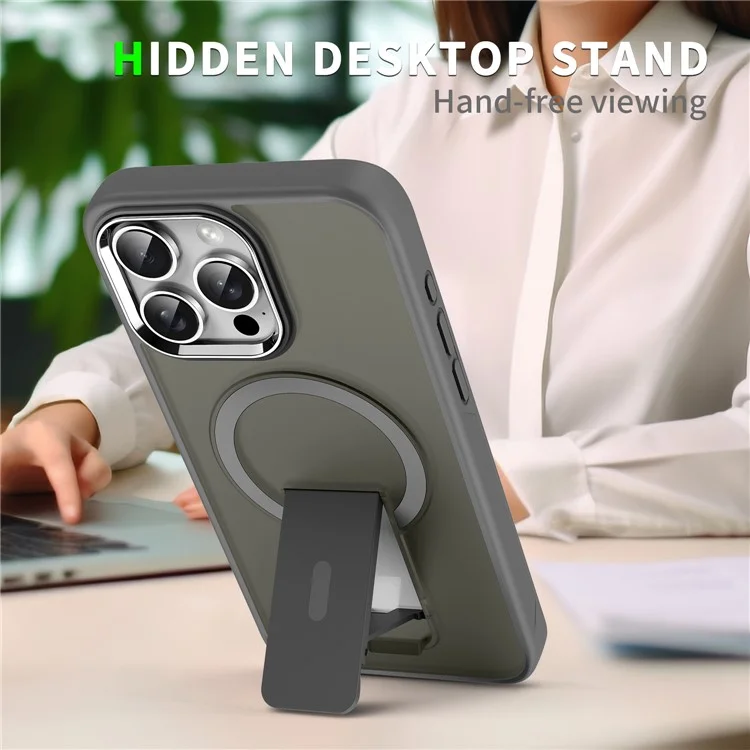 For iPhone 15 Pro Case Compatible with MagSafe PC + TPU Phone Cover with Kickstand - Titanium Grey