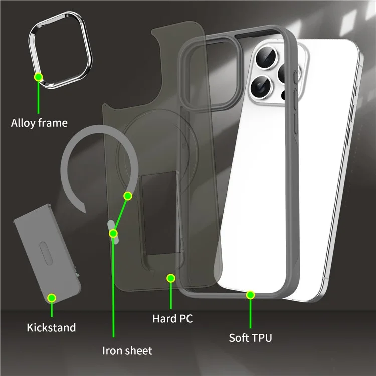 For iPhone 13 Pro Case Compatible with MagSafe PC + TPU Phone Cover with Kickstand - Titanium Grey