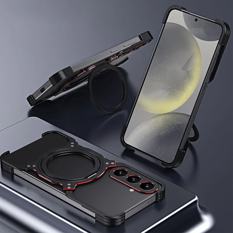 For Samsung Galaxy S25+ Case Kickstand Metal Bumper Magnetic Phone Cover - Black / Red