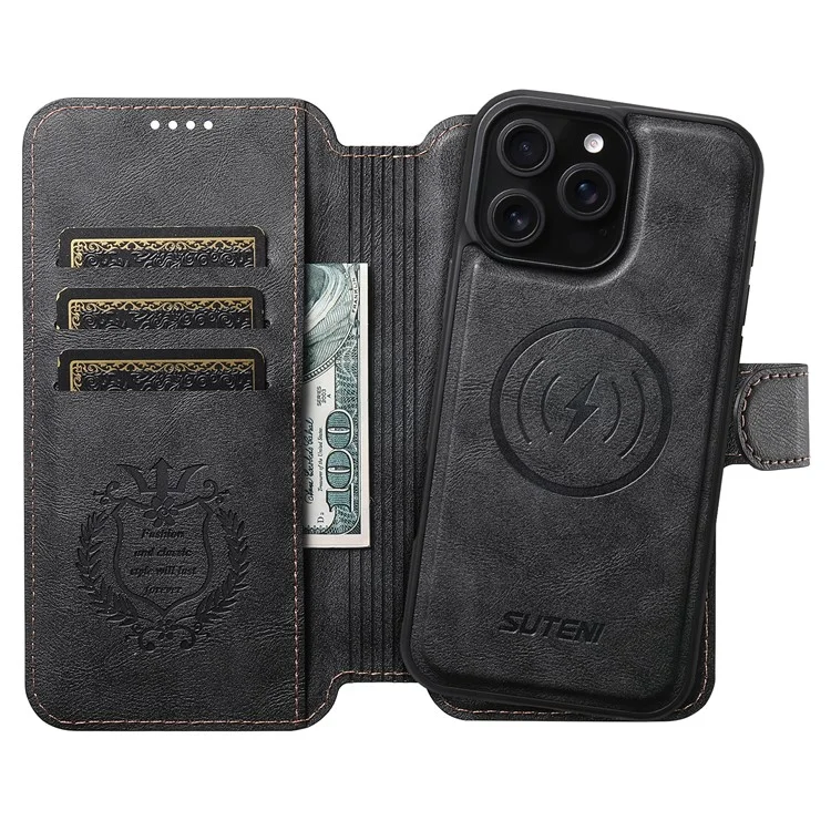 SUTENI Q-05 For iPhone 16 Pro Max Wallet Case 2 in 1 Detachable Leather Flip Phone Cover with Stand - Black