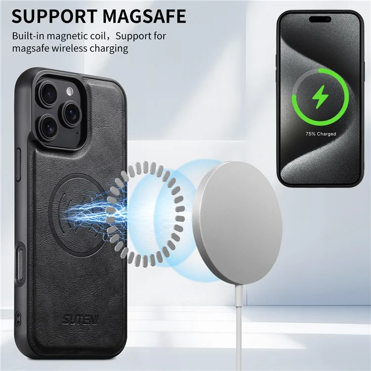 SUTENI Q-05 For iPhone 16 Pro Max Wallet Case 2 in 1 Detachable Leather Flip Phone Cover with Stand - Black