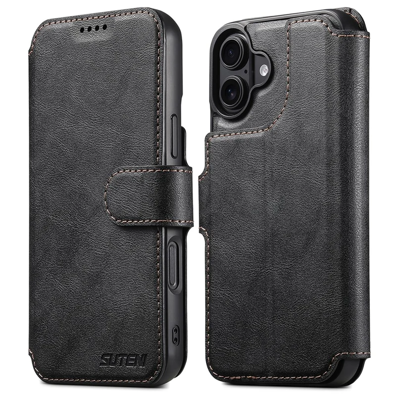 SUTENI Q-05 For iPhone 16 Wallet Case 2 in 1 Detachable Leather Flip Phone Cover with Stand - Black