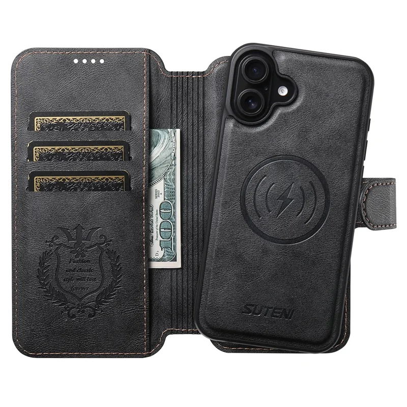 SUTENI Q-05 For iPhone 16 Wallet Case 2 in 1 Detachable Leather Flip Phone Cover with Stand - Black