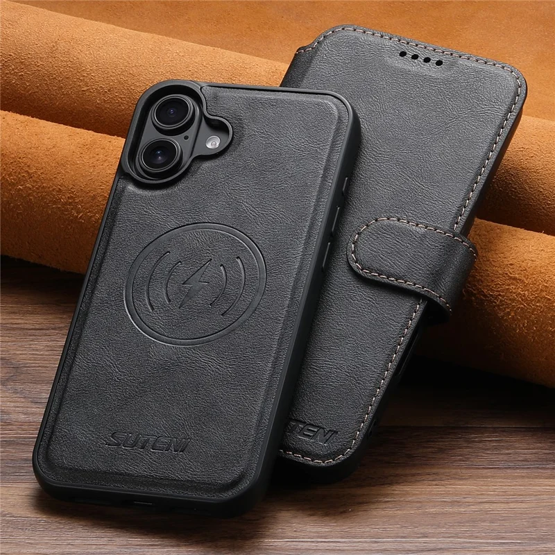 SUTENI Q-05 For iPhone 16 Wallet Case 2 in 1 Detachable Leather Flip Phone Cover with Stand - Black