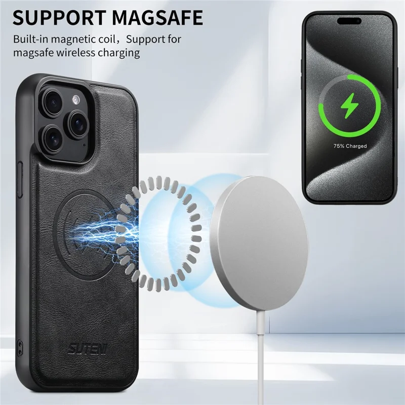 SUTENI Q-05 per iPhone 15 Pro Max Custodia Portafoglio 2 in 1 Staccabile in Pelle con Supporto - Nero