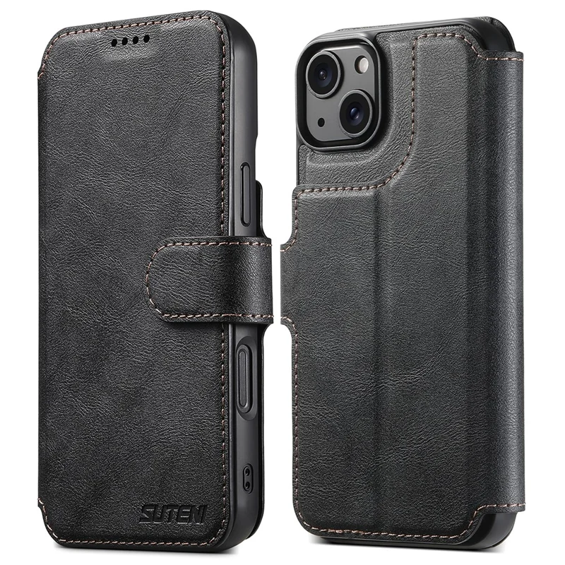SUTENI Q-05 For iPhone 15 Wallet Case 2 in 1 Detachable Leather Flip Phone Cover with Stand - Black