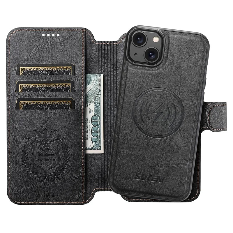 SUTENI Q-05 For iPhone 15 Wallet Case 2 in 1 Detachable Leather Flip Phone Cover with Stand - Black