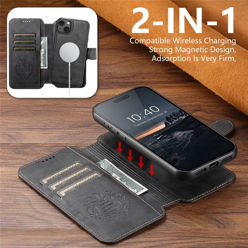 SUTENI Q-05 For iPhone 15 Wallet Case 2 in 1 Detachable Leather Flip Phone Cover with Stand - Black
