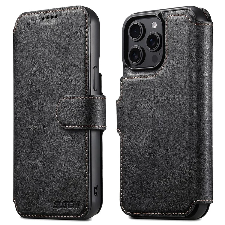 SUTENI Q-05 For iPhone 14 Pro Max Wallet Case 2 in 1 Detachable Leather Flip Phone Cover with Stand - Black