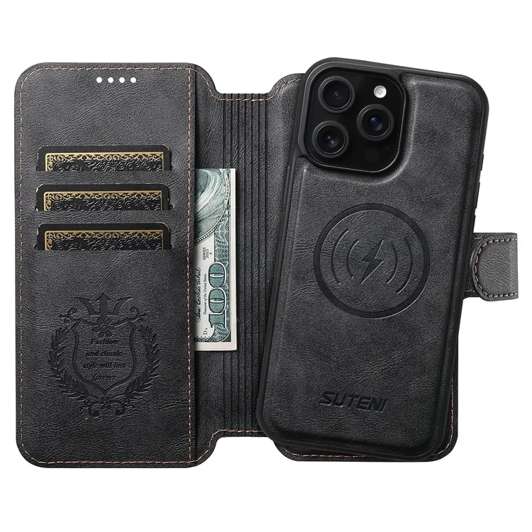 SUTENI Q-05 For iPhone 14 Pro Max Wallet Case 2 in 1 Detachable Leather Flip Phone Cover with Stand - Black