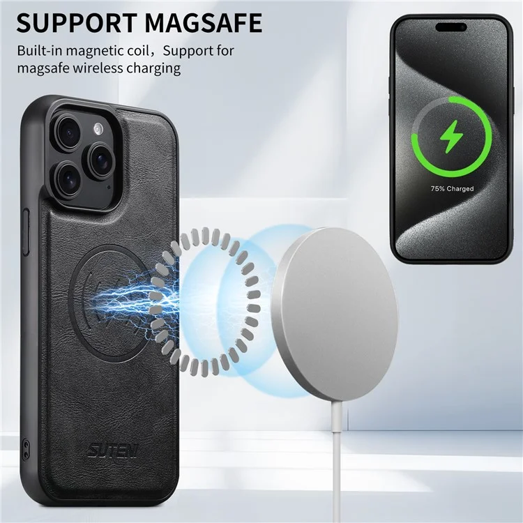 SUTENI Q-05 For iPhone 14 Pro Max Wallet Case 2 in 1 Detachable Leather Flip Phone Cover with Stand - Black