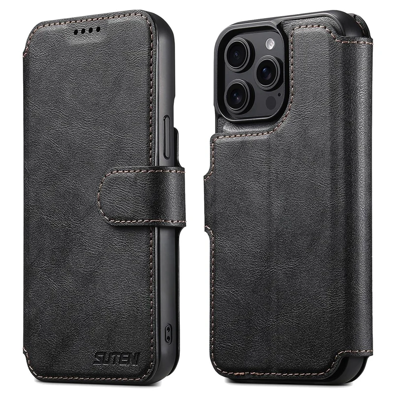 SUTENI Q-05 For iPhone 13 Pro Wallet Case 2 in 1 Detachable Leather Flip Phone Cover with Stand - Black