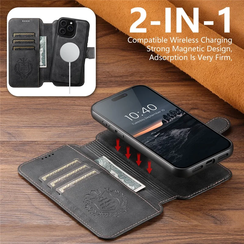 SUTENI Q-05 For iPhone 13 Pro Wallet Case 2 in 1 Detachable Leather Flip Phone Cover with Stand - Black