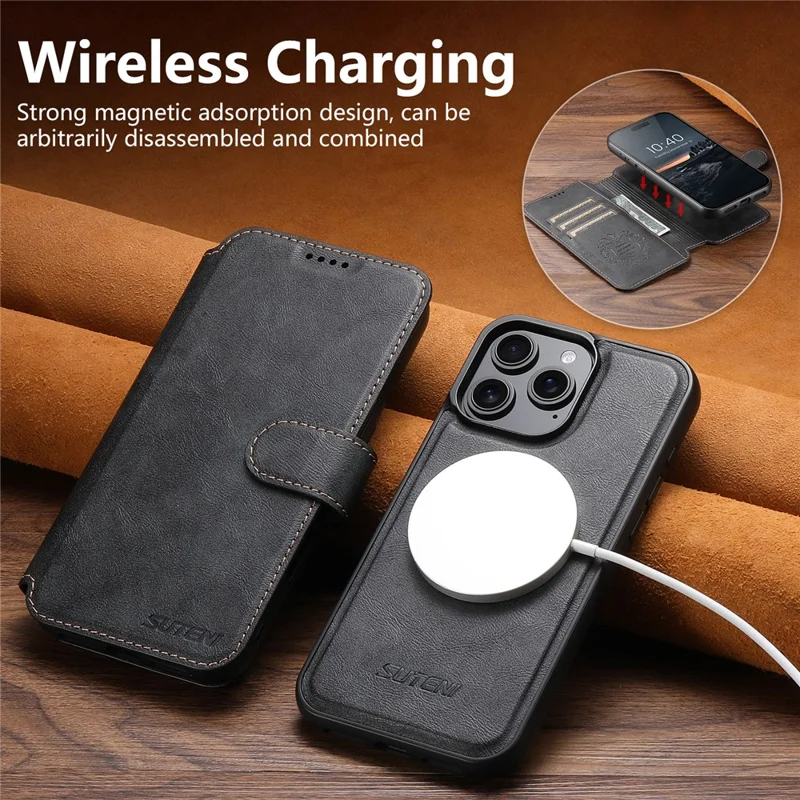 SUTENI Q-05 For iPhone 13 Pro Wallet Case 2 in 1 Detachable Leather Flip Phone Cover with Stand - Black