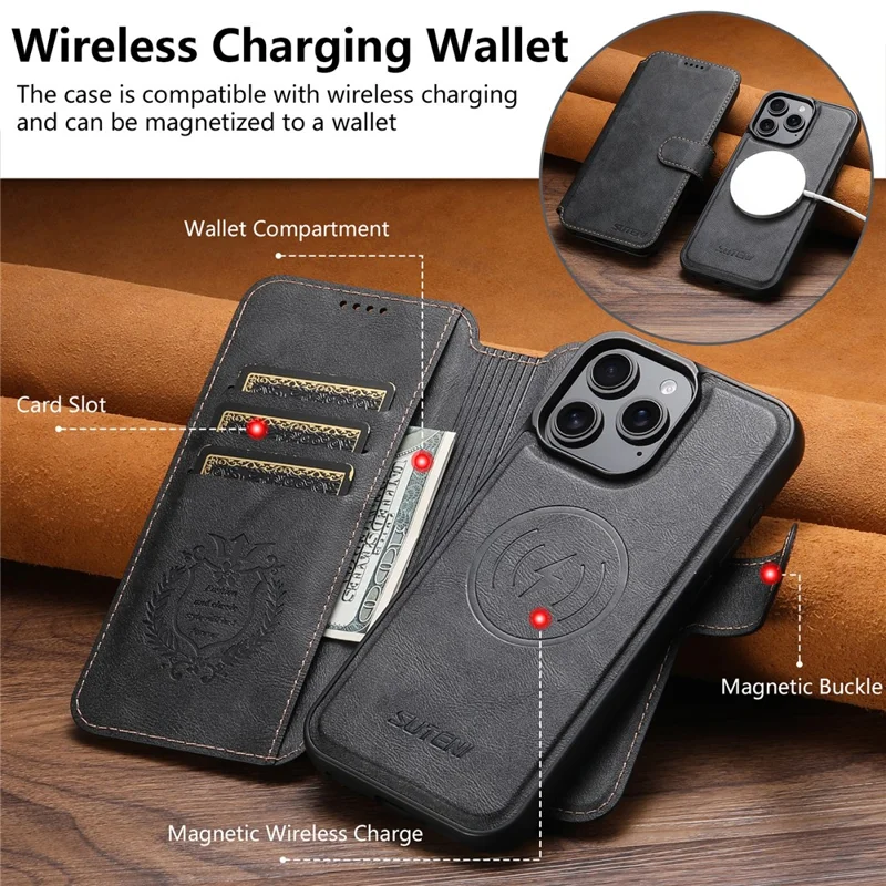 SUTENI Q-05 For iPhone 13 Pro Wallet Case 2 in 1 Detachable Leather Flip Phone Cover with Stand - Black
