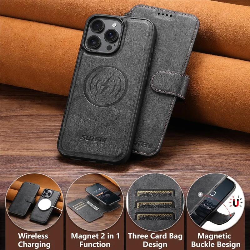 SUTENI Q-05 For iPhone 13 Pro Wallet Case 2 in 1 Detachable Leather Flip Phone Cover with Stand - Black