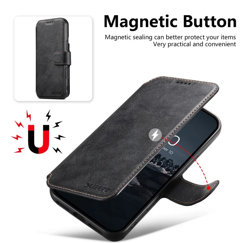 SUTENI Q-05 For iPhone 13 Pro Wallet Case 2 in 1 Detachable Leather Flip Phone Cover with Stand - Black