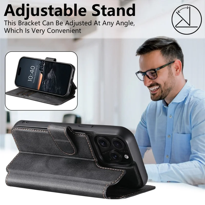 SUTENI Q-05 For iPhone 13 Pro Wallet Case 2 in 1 Detachable Leather Flip Phone Cover with Stand - Black