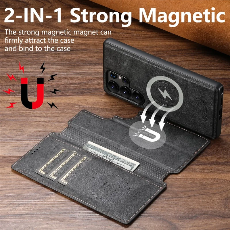 SUTENI Q-05 For Samsung Galaxy S25 Ultra Wallet Case 2 in 1 Detachable Leather Flip Phone Cover with Stand - Black