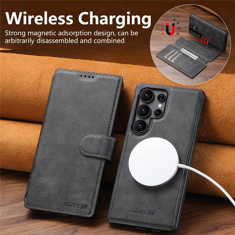 SUTENI Q-05 For Samsung Galaxy S25 Ultra Wallet Case 2 in 1 Detachable Leather Flip Phone Cover with Stand - Black