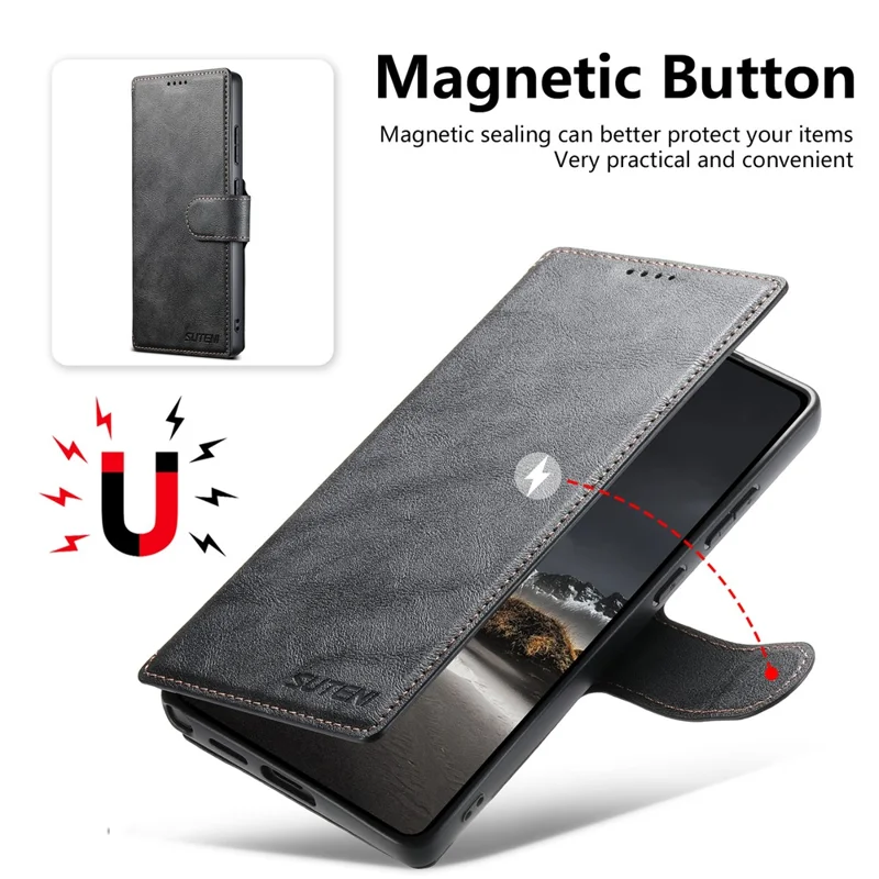 SUTENI Q-05 For Samsung Galaxy S24 Ultra Wallet Case 2 in 1 Detachable Leather Flip Phone Cover with Stand - Black
