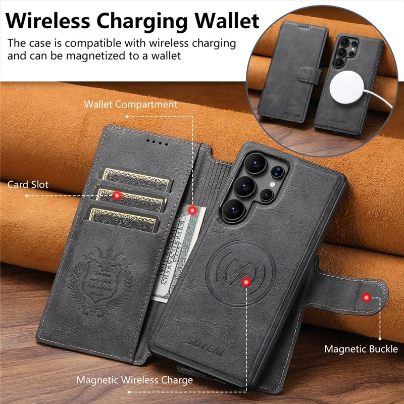 SUTENI Q-05 For Samsung Galaxy S24 Ultra Wallet Case 2 in 1 Detachable Leather Flip Phone Cover with Stand - Black
