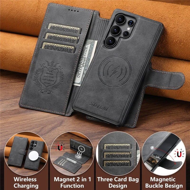 SUTENI Q-05 For Samsung Galaxy S24 Ultra Wallet Case 2 in 1 Detachable Leather Flip Phone Cover with Stand - Black