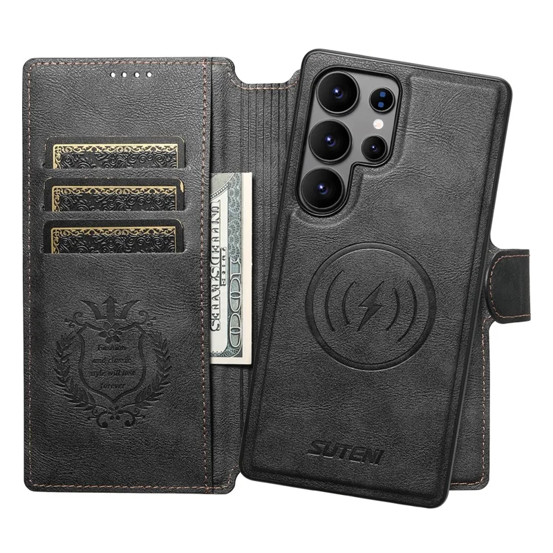SUTENI Q-05 For Samsung Galaxy S23 Ultra Wallet Case 2 in 1 Detachable Leather Flip Phone Cover with Stand - Black