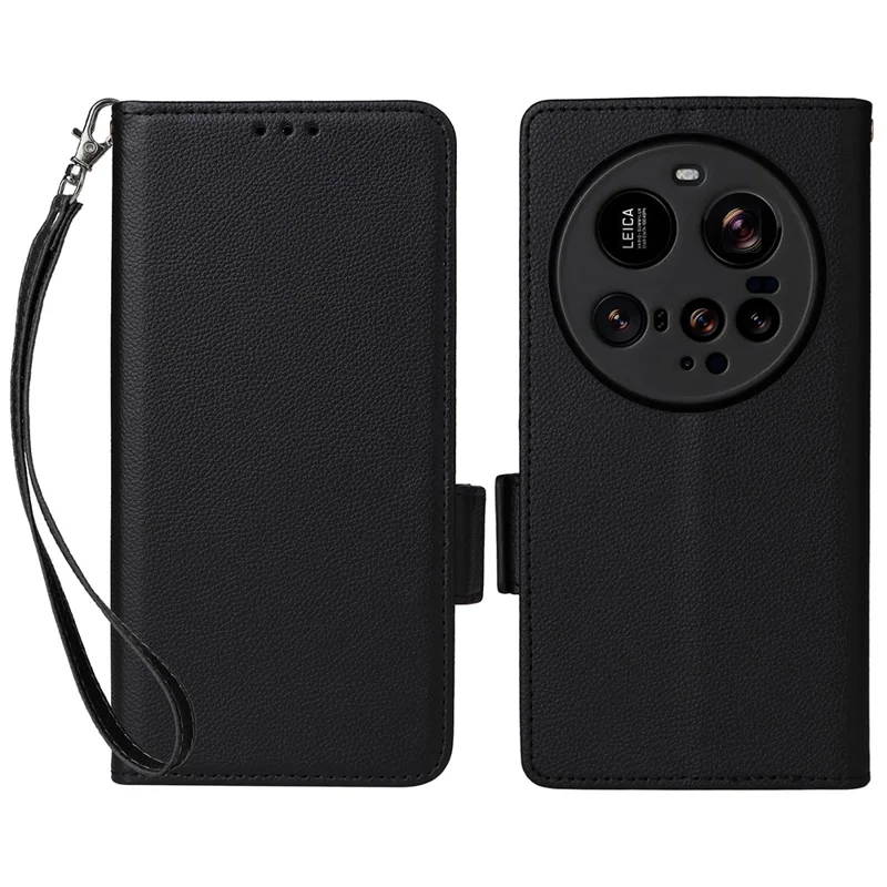 Voor Xiaomi 15 Ultra hoesje met polsbandje Litchi-structuur PU-leer portemonnee telefoonhoes - Zwart