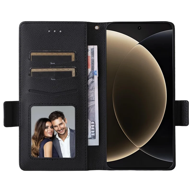 Voor Xiaomi 15 Ultra hoesje met polsbandje Litchi-structuur PU-leer portemonnee telefoonhoes - Zwart
