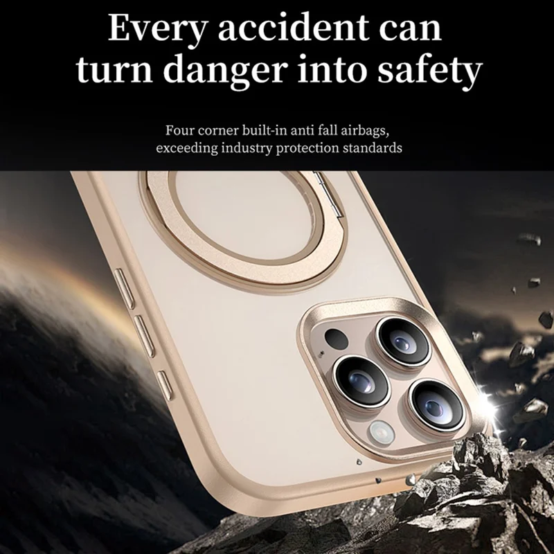 For iPhone 16 Pro Case Rotating Magnetic Kickstand TPU + PC Protective Cover - Desert Gold