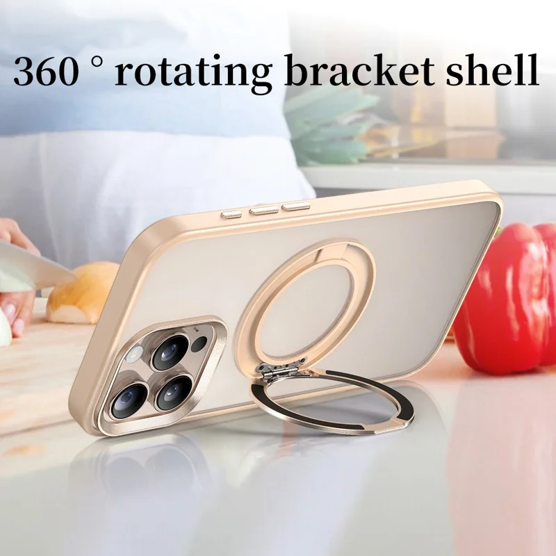 For iPhone 16 Pro Max Case Rotating Magnetic Kickstand TPU + PC Protective Cover - Desert Gold