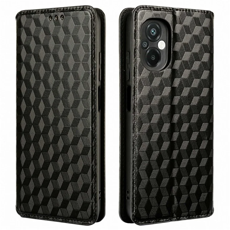 Custodia Per Telefono di Chiusura Automatica Magnetica Per Xiaomi Poco M5 4G Modello Rombo Impronta Portafoglio Antidrop Copertina Per Telefono in Pelle PU Shell - Nero