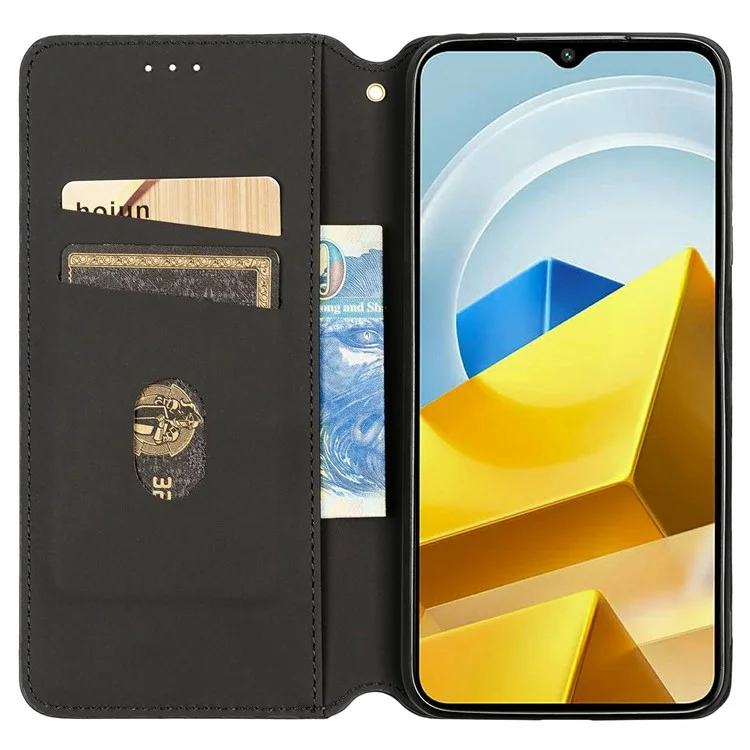 Custodia Per Telefono di Chiusura Automatica Magnetica Per Xiaomi Poco M5 4G Modello Rombo Impronta Portafoglio Antidrop Copertina Per Telefono in Pelle PU Shell - Nero