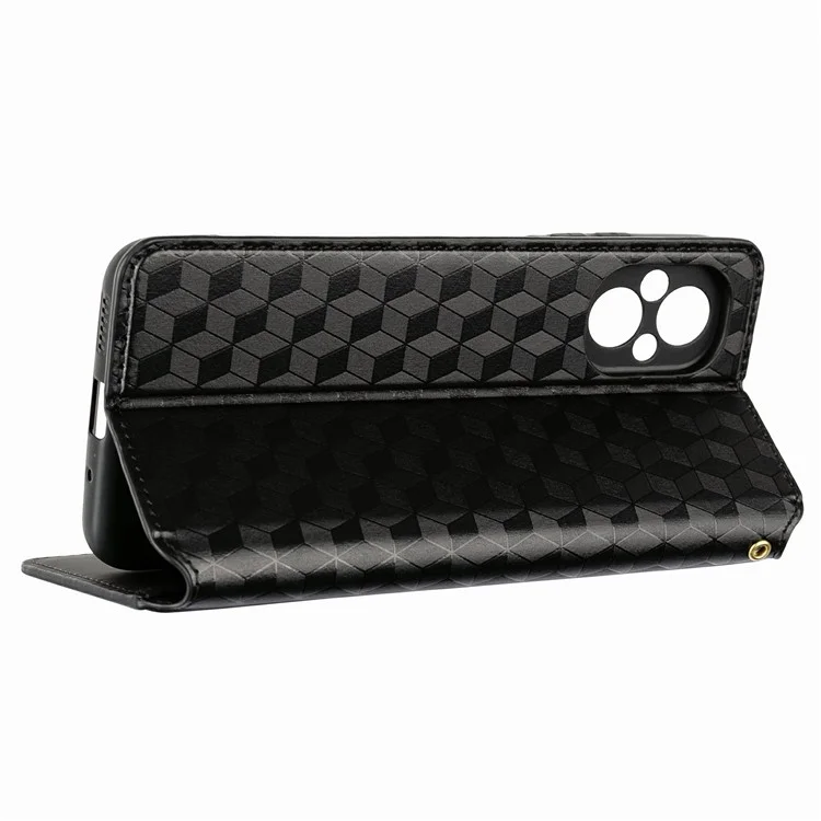 Custodia Per Telefono di Chiusura Automatica Magnetica Per Xiaomi Poco M5 4G Modello Rombo Impronta Portafoglio Antidrop Copertina Per Telefono in Pelle PU Shell - Nero