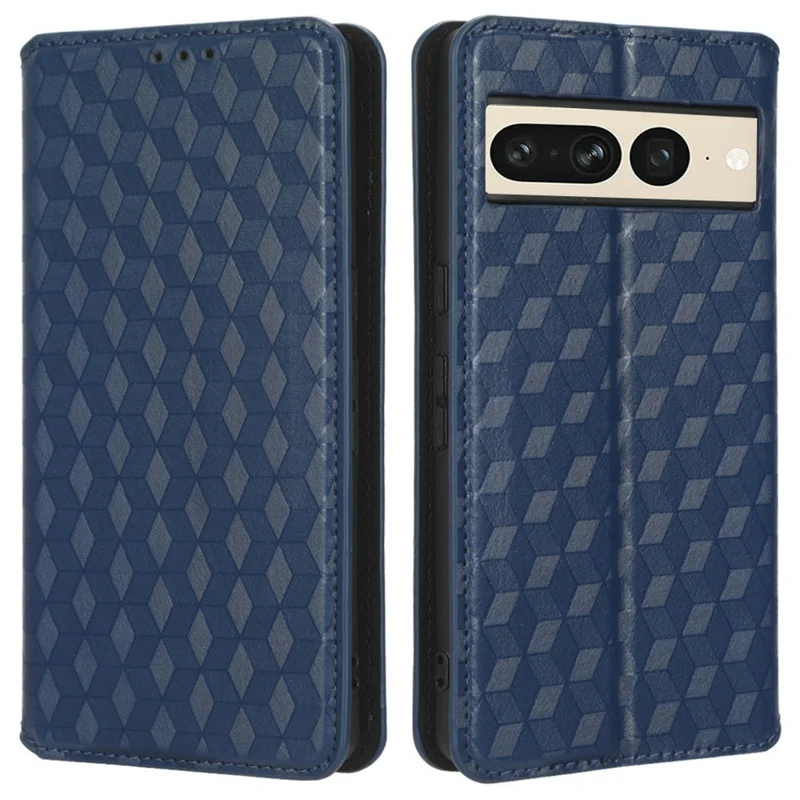 Anti-scratch Phone Case For Google Pixel 7 Pro 5G, Magnetic Auto Closing Phone Shell Stand Imprinted Rhombus Pattern PU Leather Flip Wallet Cover - Blue