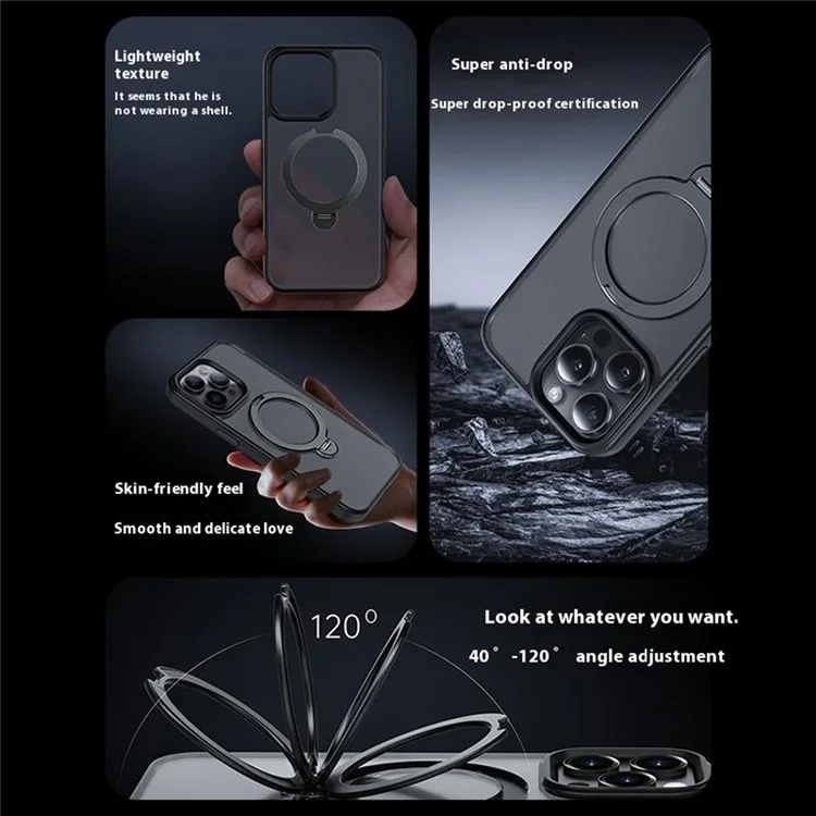 Для iPhone 16 Pro Max Магнитный чехол с вращающейся подставкой TPU + PC Задняя крышка телефона - Черный