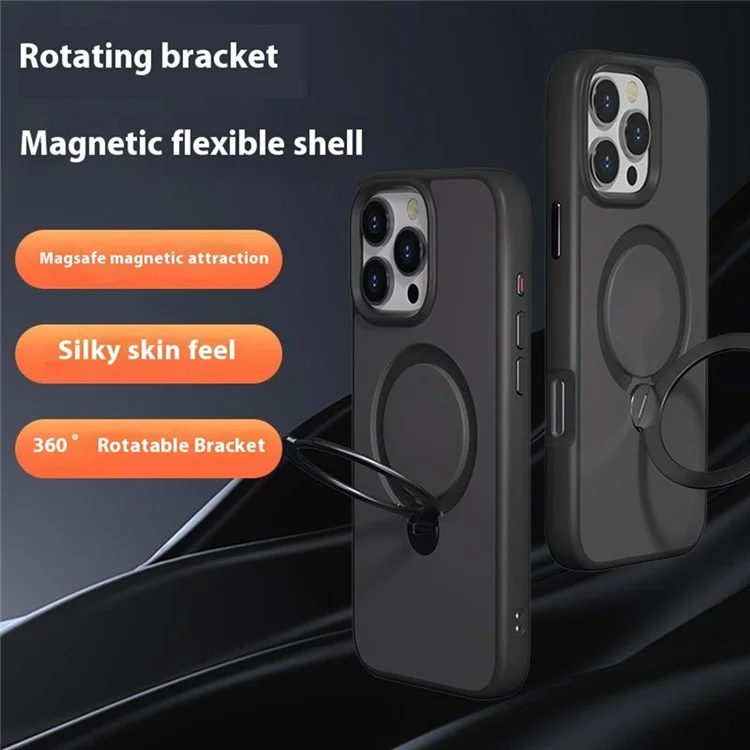Для iPhone 16 Pro Max Магнитный чехол с вращающейся подставкой TPU + PC Задняя крышка телефона - Черный