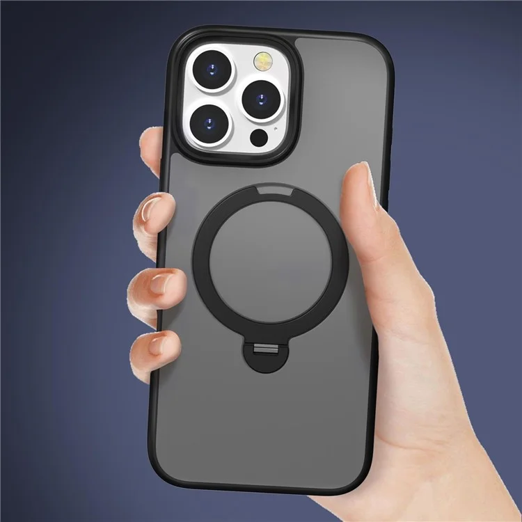 Для iPhone 16 Pro Max Магнитный чехол с вращающейся подставкой TPU + PC Задняя крышка телефона - Черный