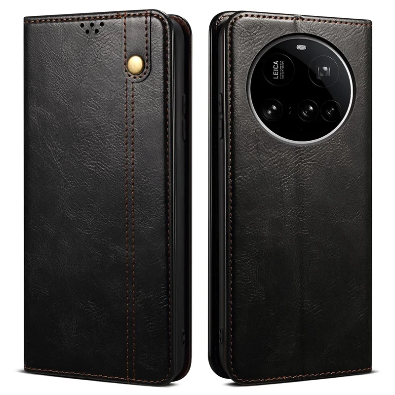 Xiaomi 15 Ultra hoesje met gekke paardenstructuur Waxy lederen portemonnee standaard telefoonhoes - Zwart