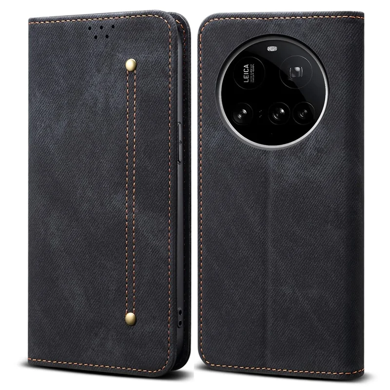 Voor Xiaomi 15 Ultra Hoesje met Stoffen Jeansstructuur Antikras Lederen Standhouder - Zwart