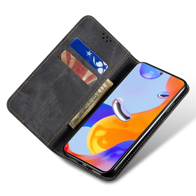 Voor Xiaomi 15 Ultra Hoesje met Stoffen Jeansstructuur Antikras Lederen Standhouder - Zwart