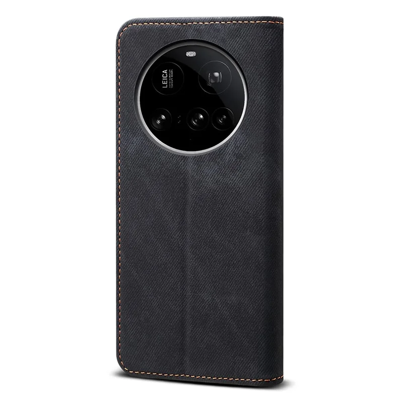 Voor Xiaomi 15 Ultra Hoesje met Stoffen Jeansstructuur Antikras Lederen Standhouder - Zwart