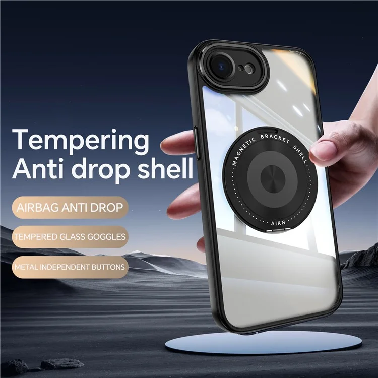 For iPhone 16e Magnetic Case PC + TPU Phone Cover with Rotating Metal Kickstand, Lens Protector - Black