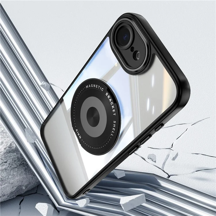 For iPhone 16e Magnetic Case PC + TPU Phone Cover with Rotating Metal Kickstand, Lens Protector - Black