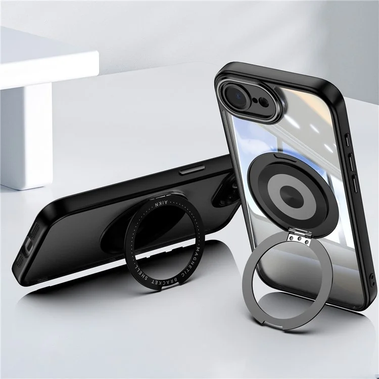 For iPhone 16e Magnetic Case PC + TPU Phone Cover with Rotating Metal Kickstand, Lens Protector - Black